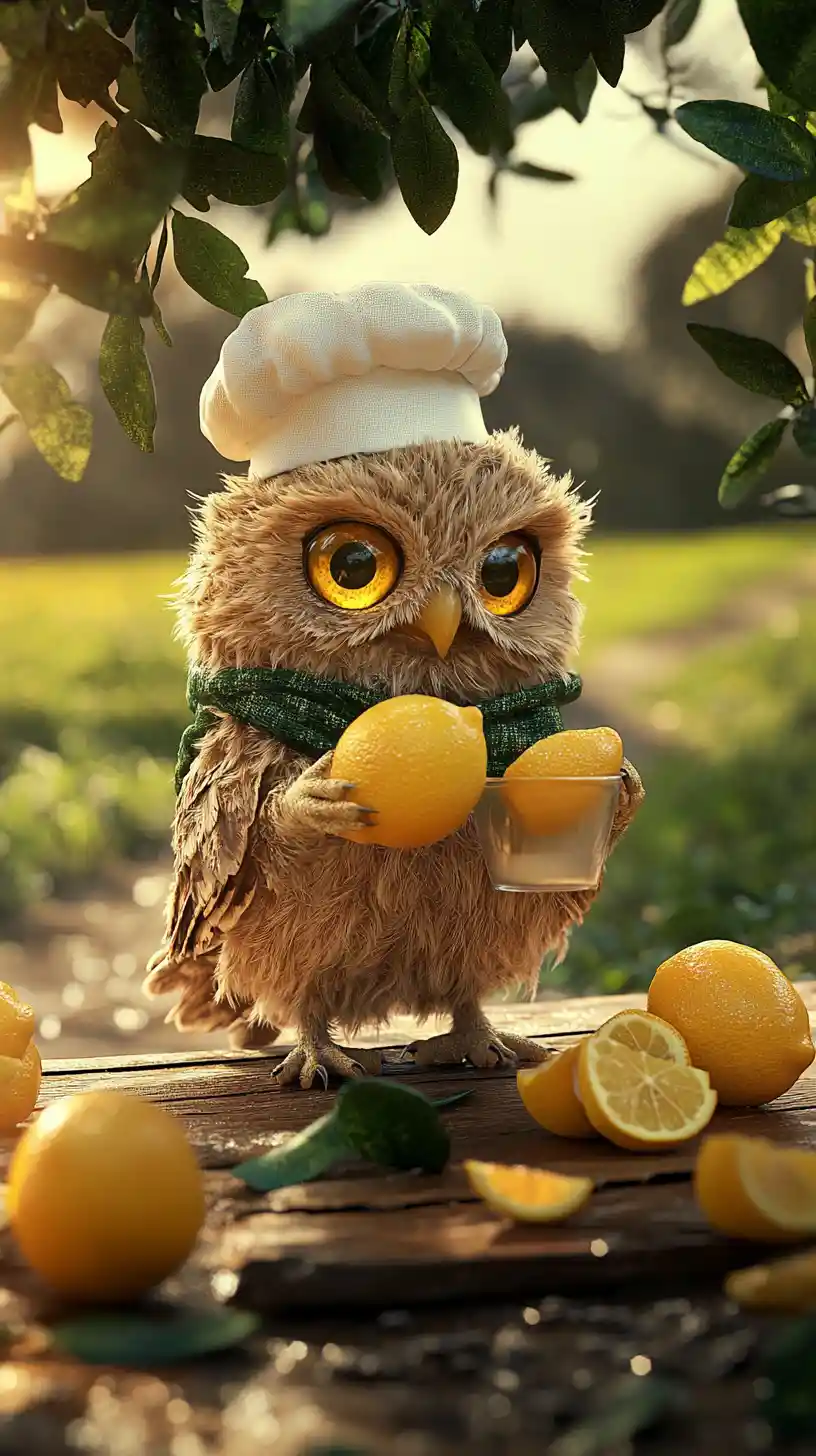 Smiling brown owl making citrus juice under orange tree