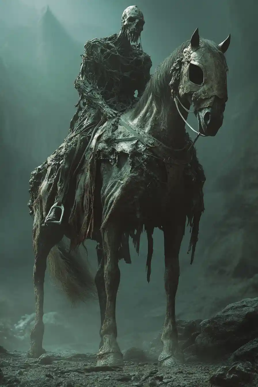 Famine warrior on monstrous horse in dark fantasy scene