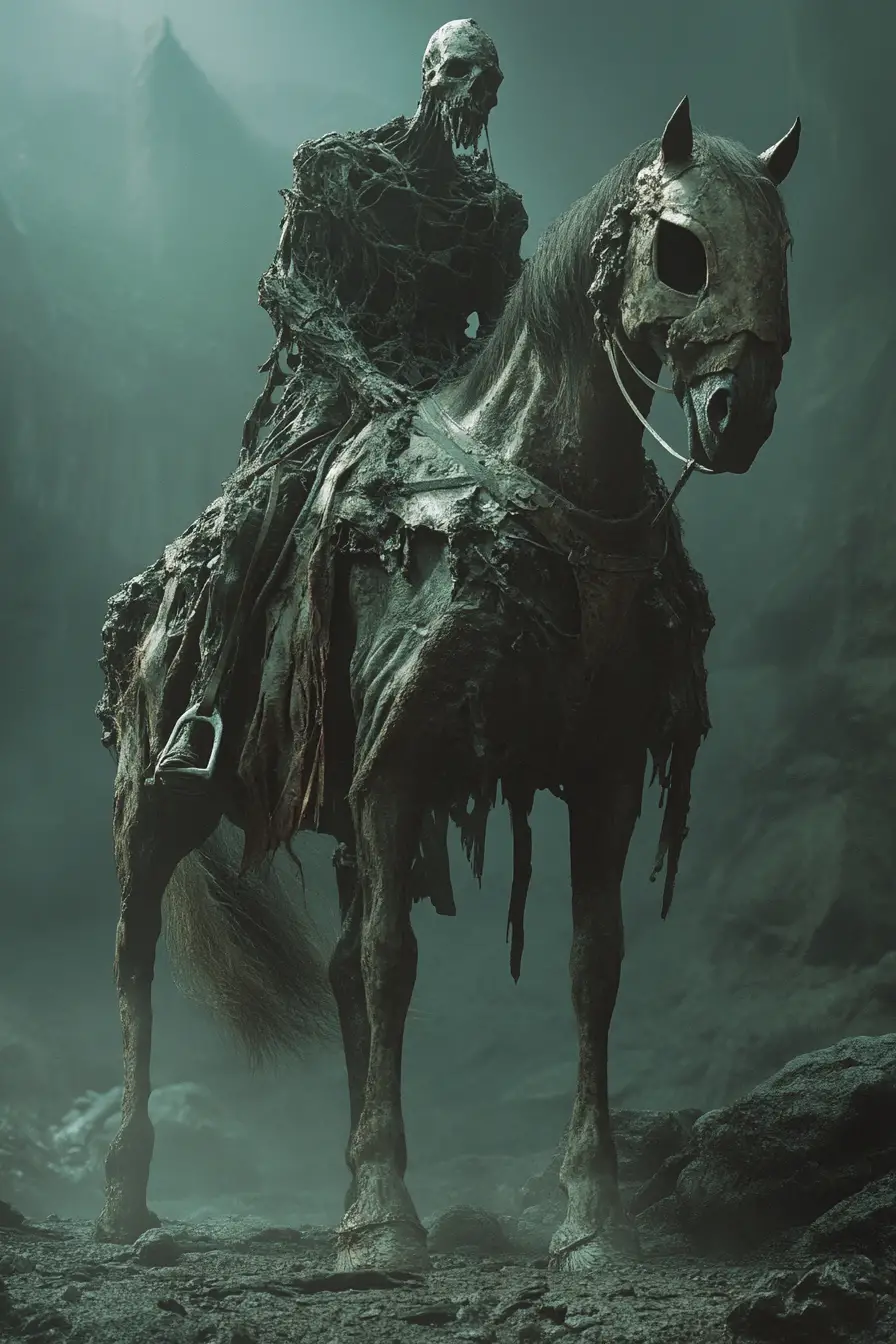 Famine warrior on monstrous horse in dark fantasy scene