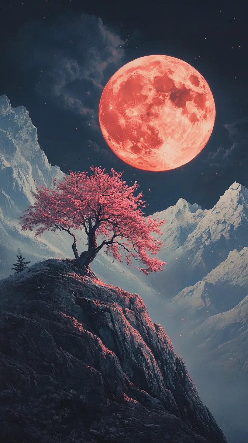 Enormous cherry tree glowing red beneath the full moon
