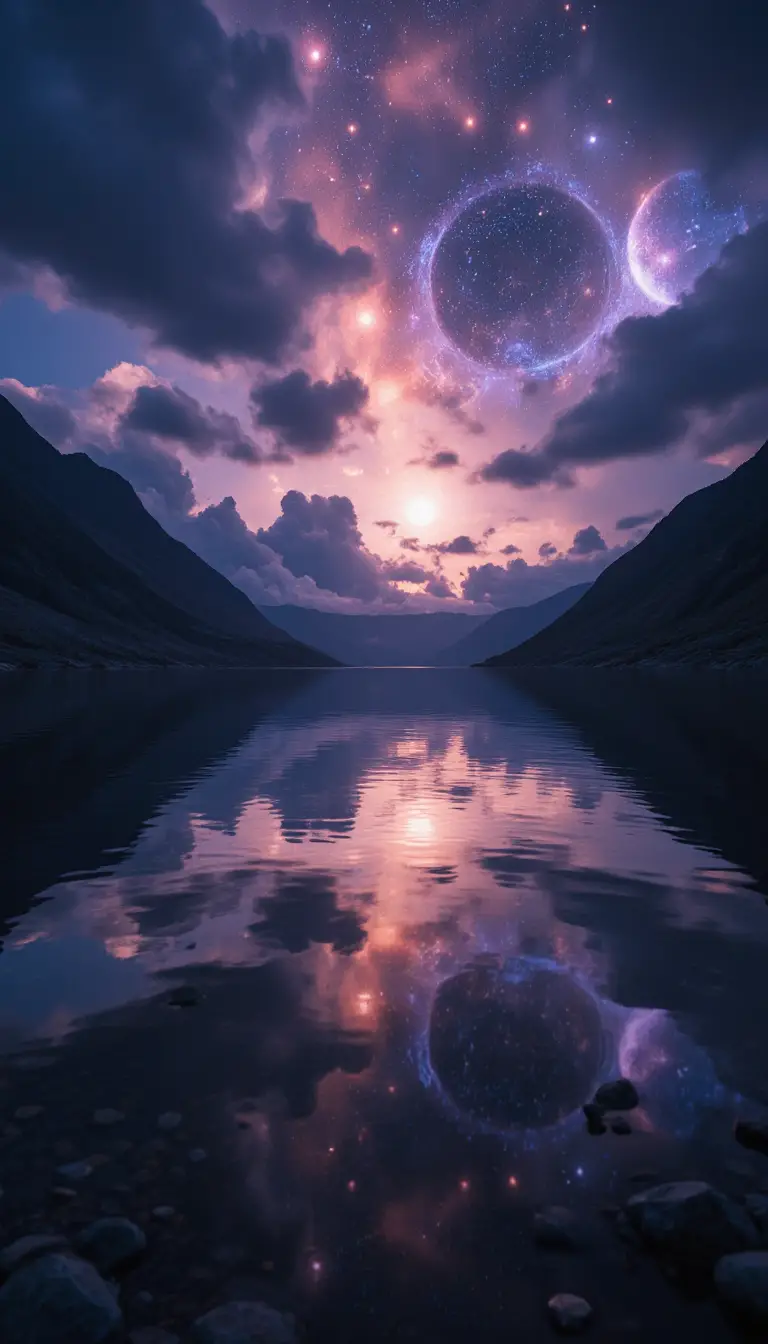 Celestial wonders reflecting over a tranquil cosmic water scene