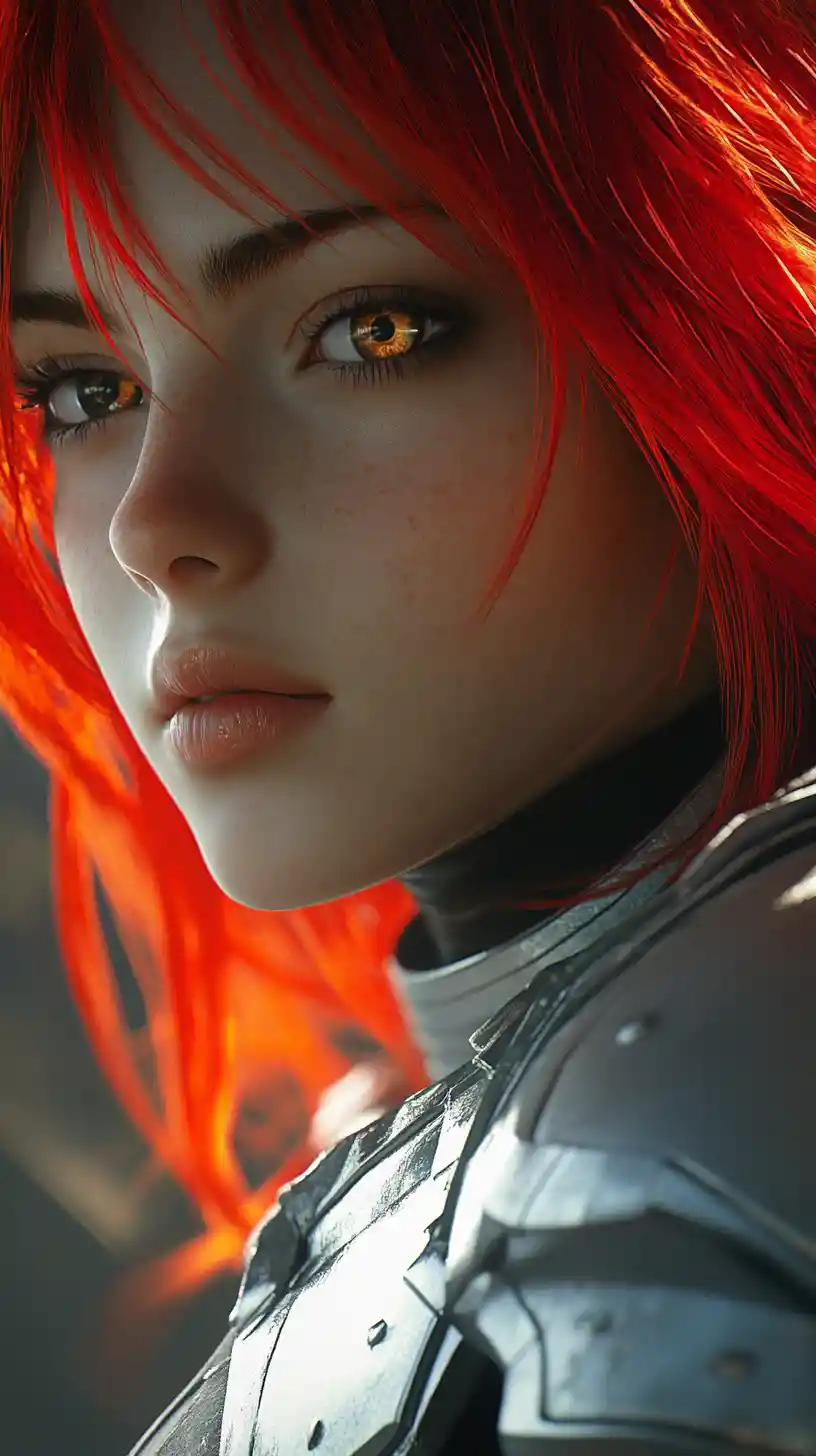 Close up anime girl with red hair and armor