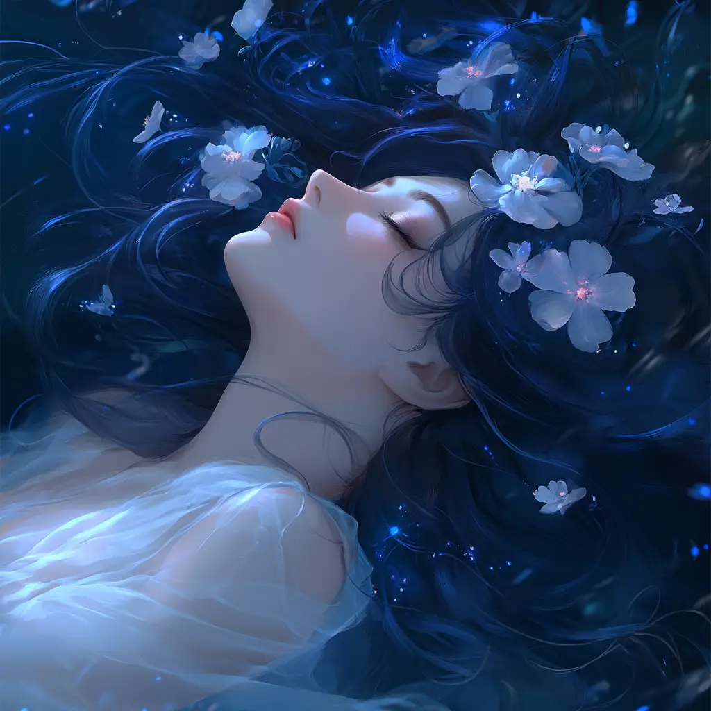 Calm anime woman with blue hair and floral details
