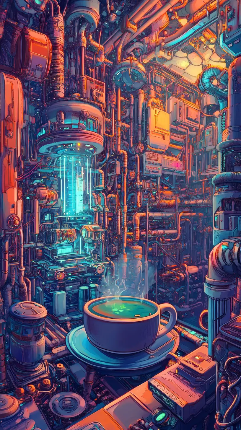 Exploding cyberpunk coffee cup with bright fractal colors