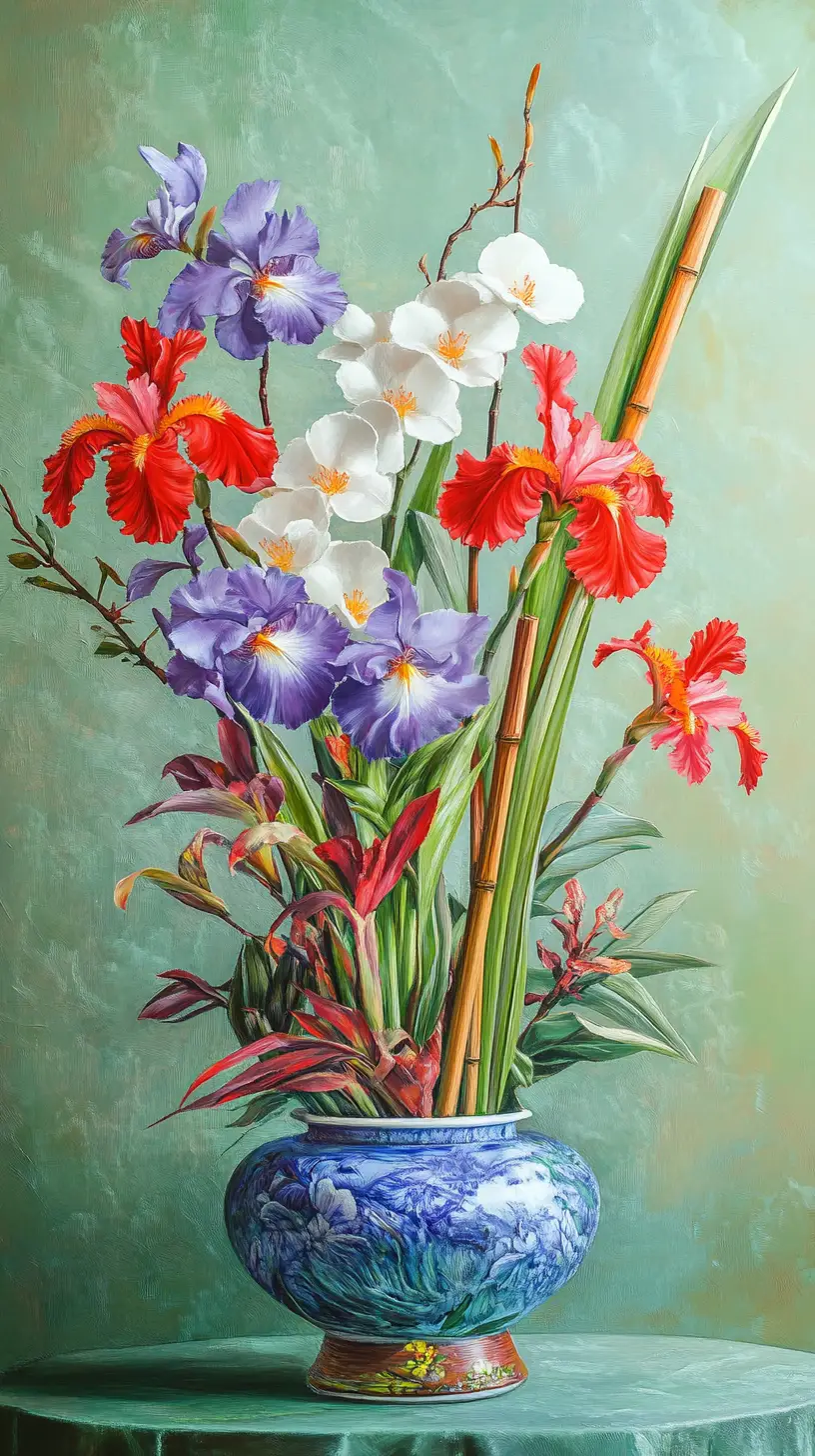 Floral still life in blue bowl with warm sunlight