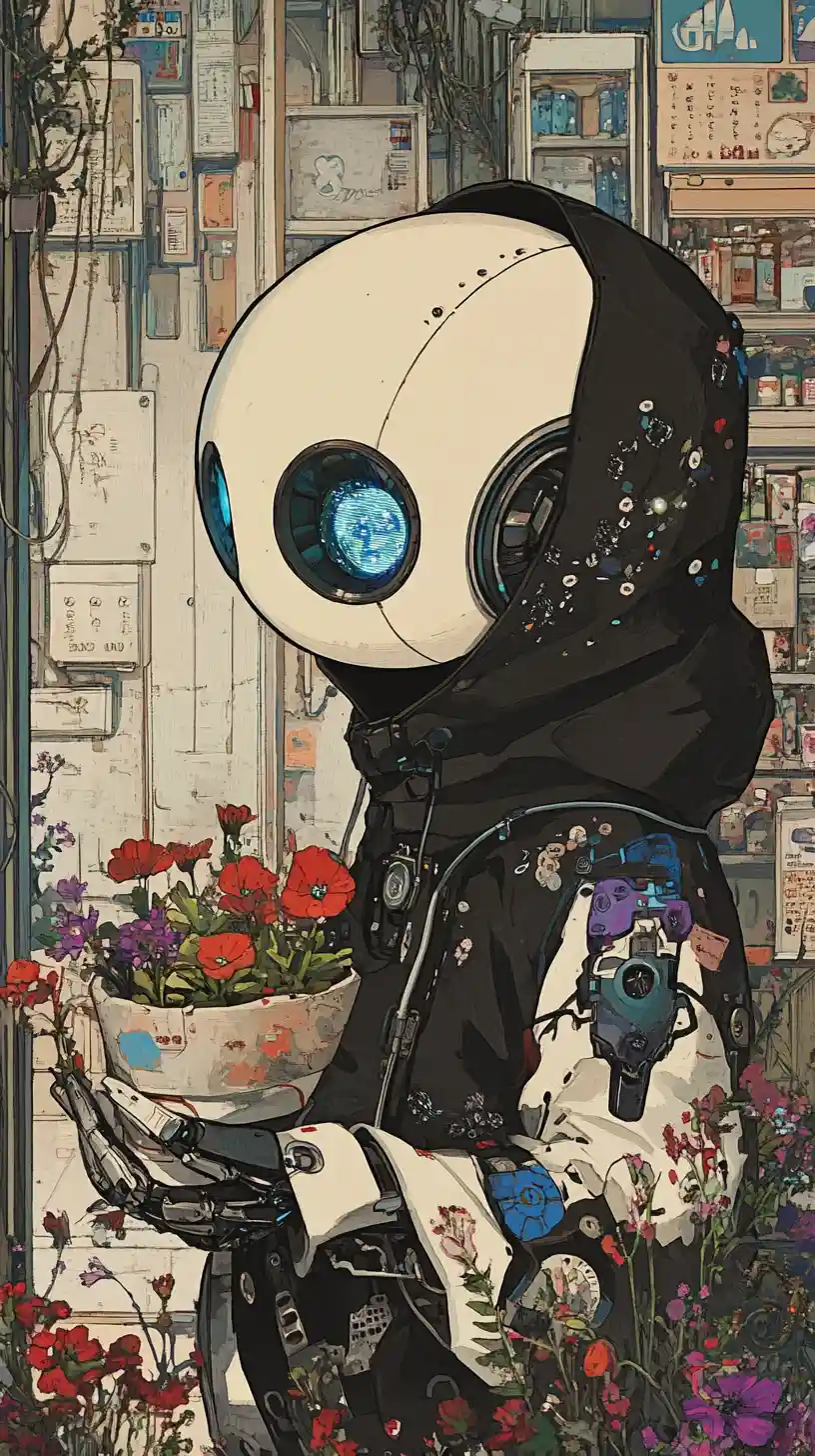Robô de anime segurando flores em uma floricultura futurista