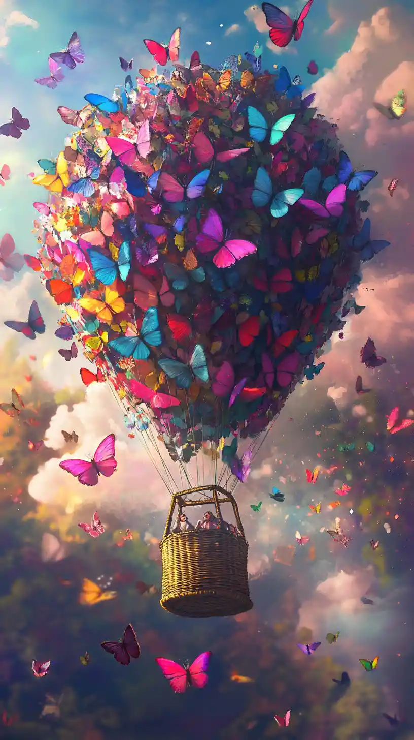 Hot air balloon of butterflies in a magical sky