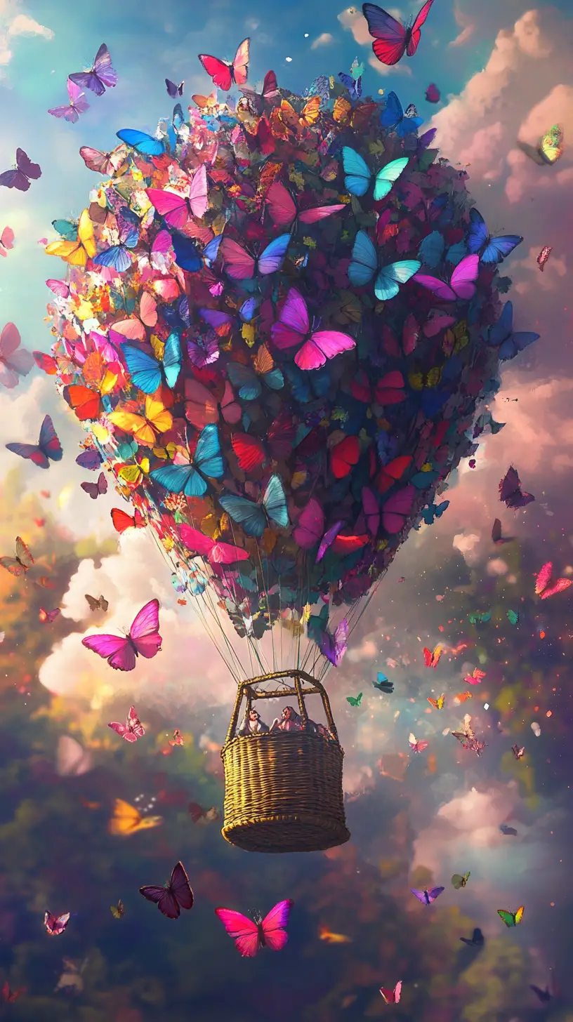 Hot air balloon of butterflies in a magical sky
