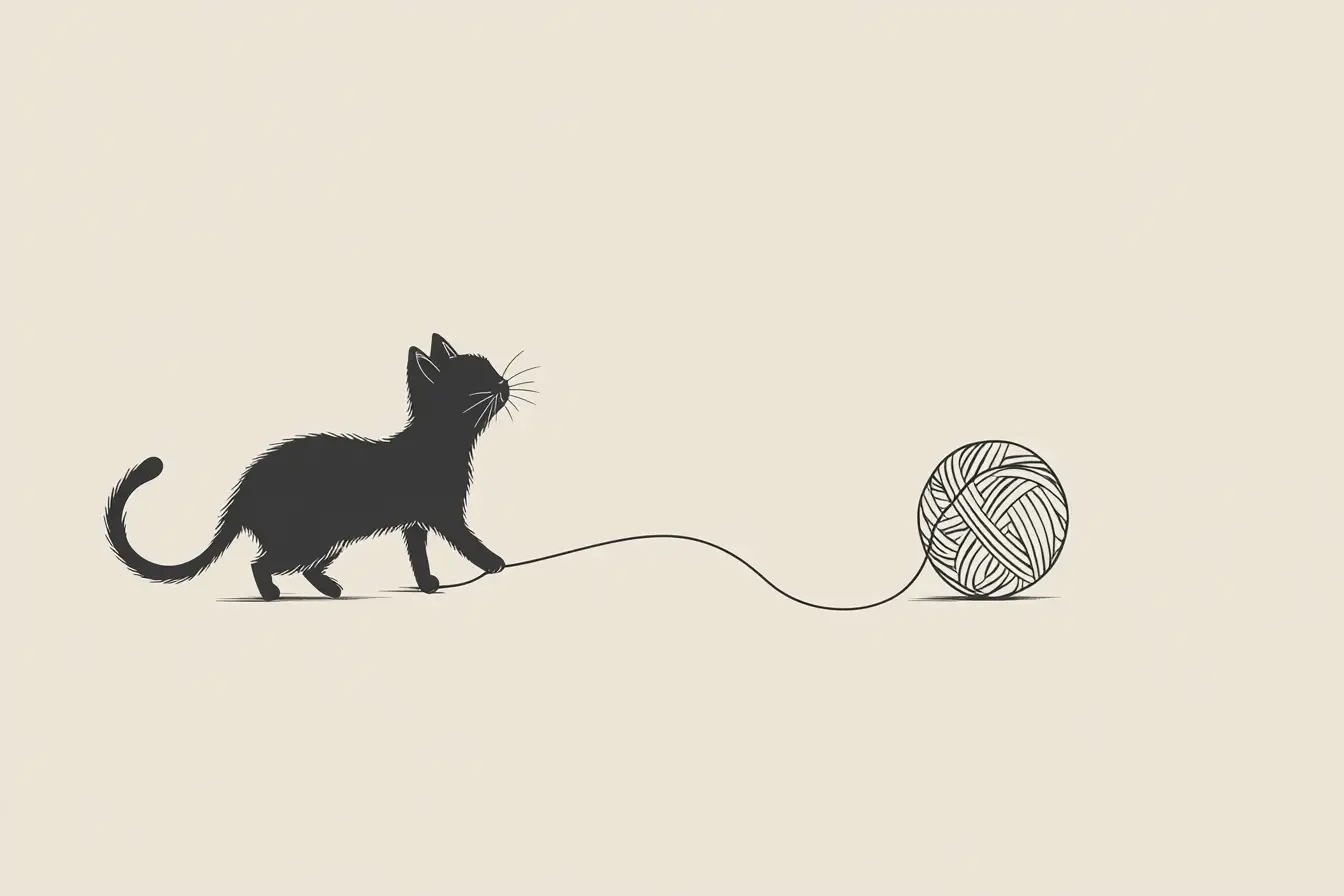 Minimalist line art cat with flowing yarn on white