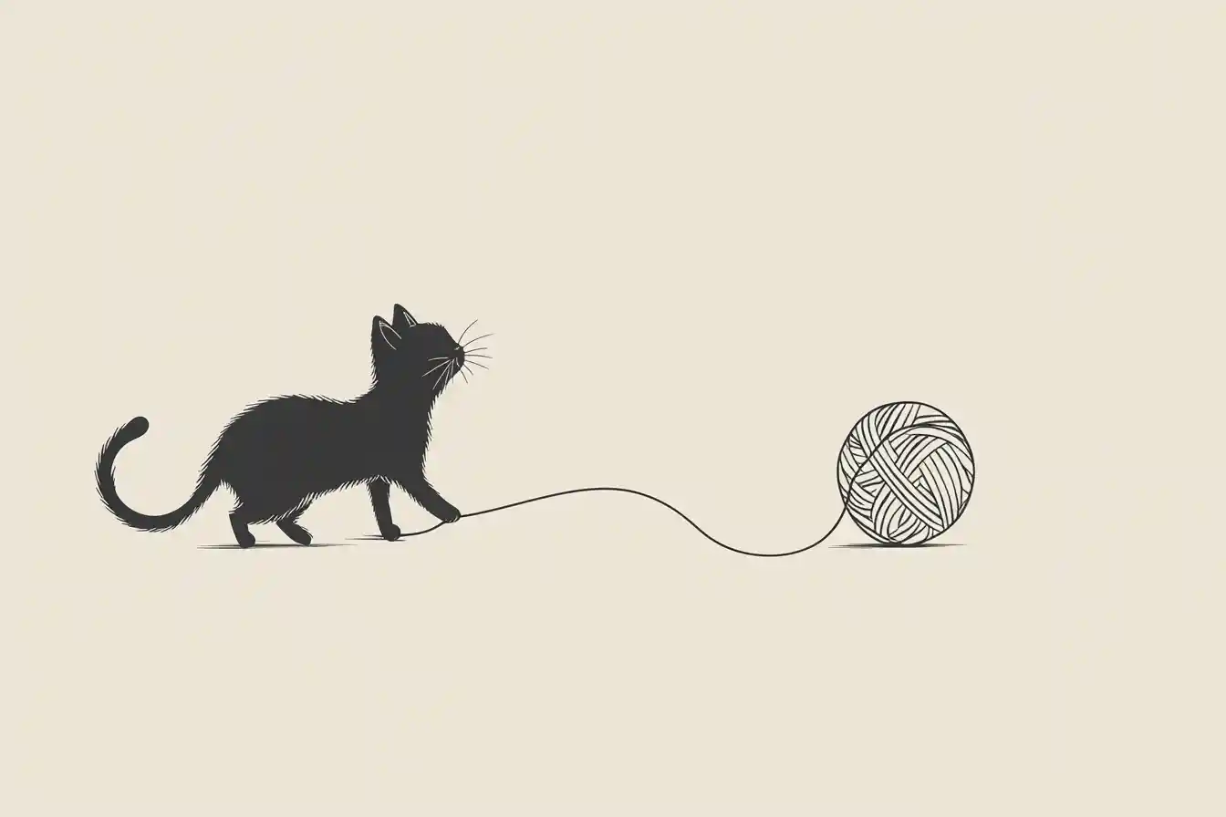 Minimalist line art cat with flowing yarn on white