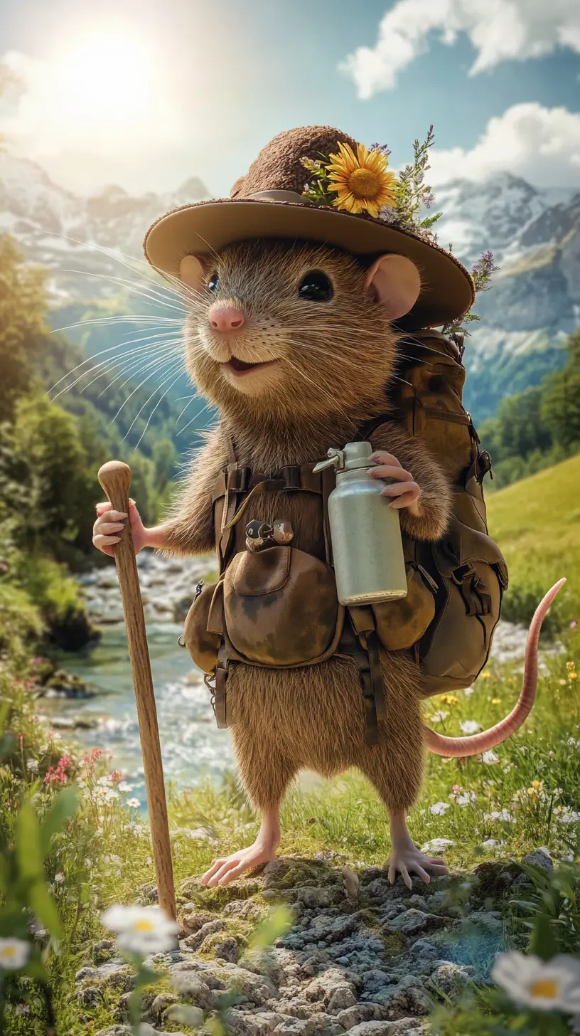 Hiking rat with backpack in sunny mountain meadow