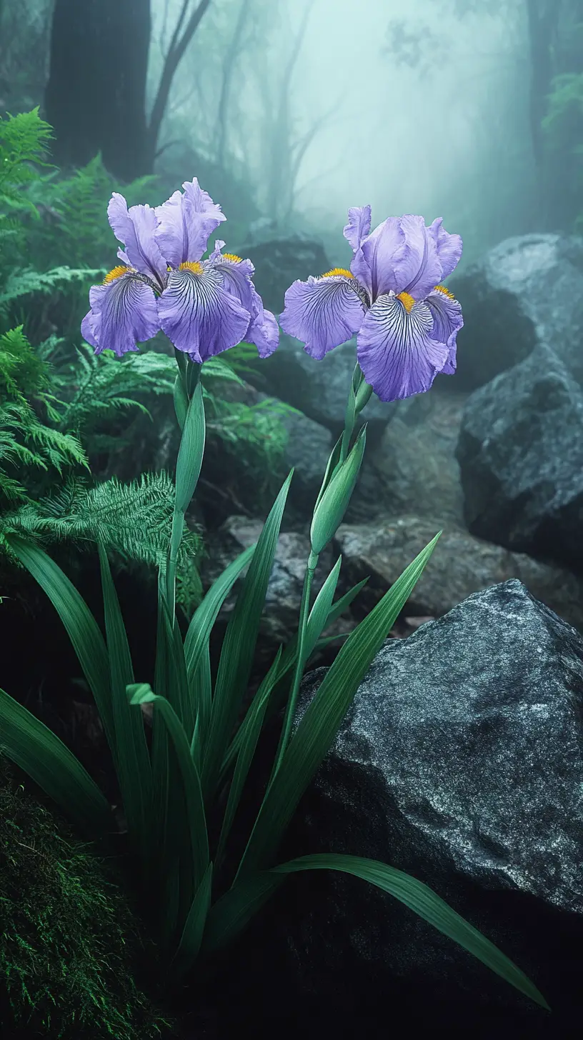 Purple irises in a misty forest with soft painterly light