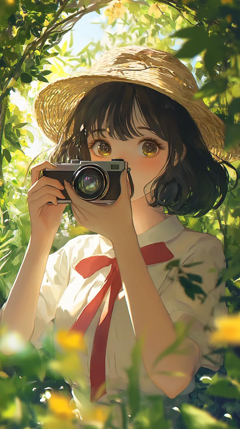 Anime girl with vintage camera in sunny flower garden