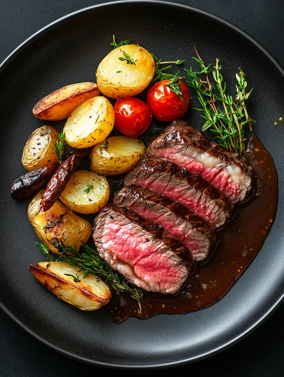 Medium steak with roasted potatoes and vegetables