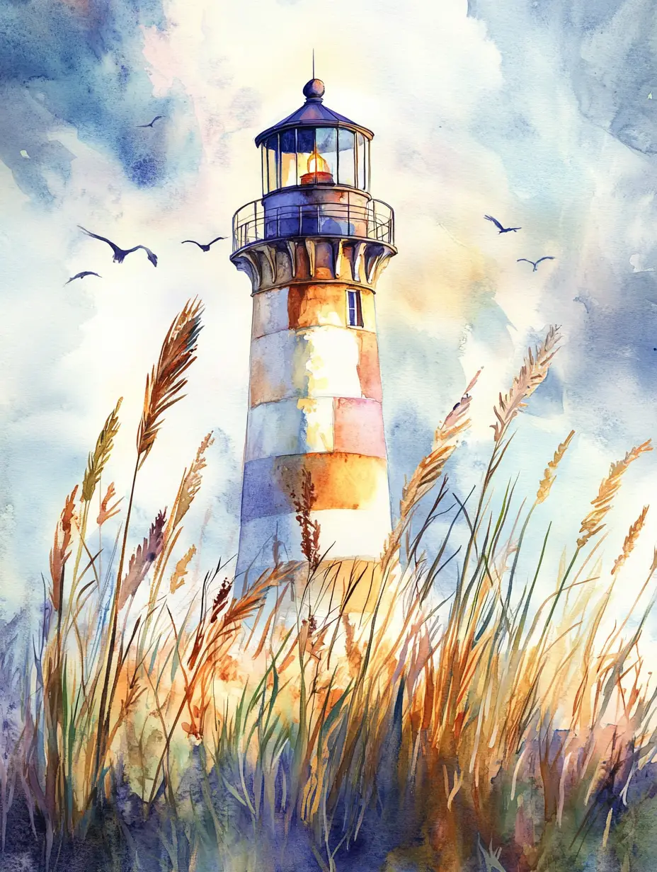 Coastal lighthouse watercolor painting with tall grass