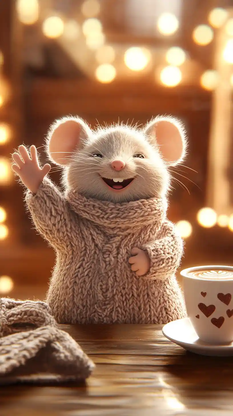 Süße Cartoon-Maus im gestrickten Morgenmantel mit Latte