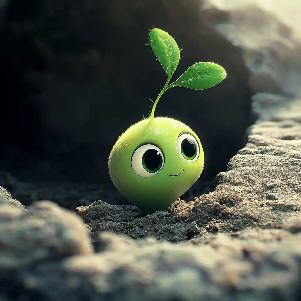 Cute green sprout character emerging from the ground
