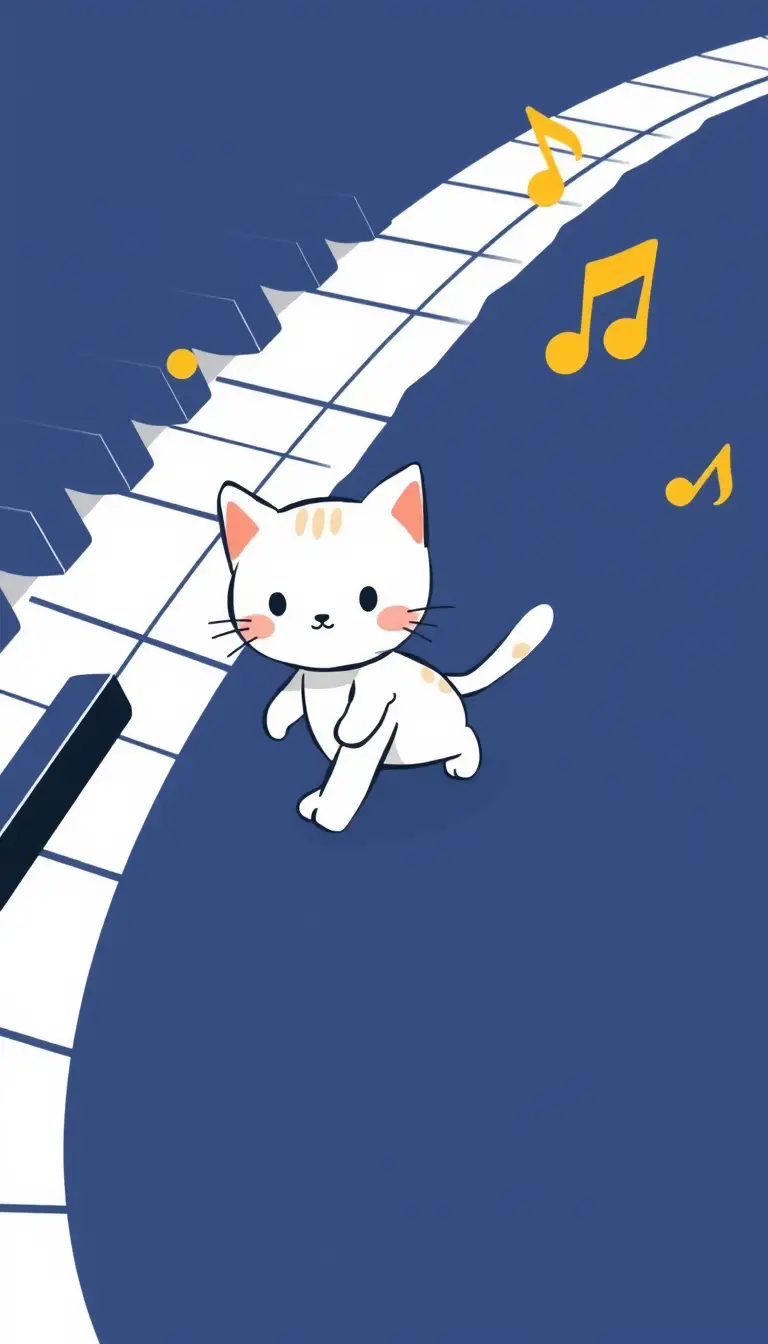 Playful kitten walking along piano keys with golden notes