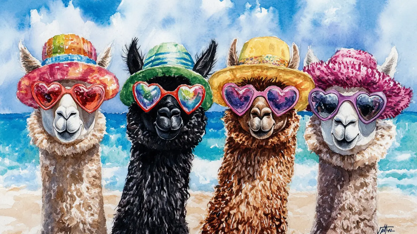 Four alpacas with colorful hats on a tropical beach