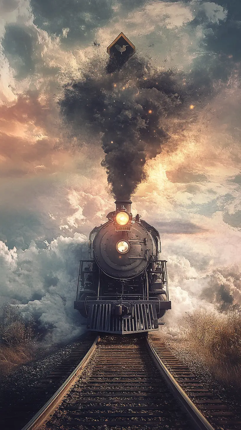 Steam train and conductor merged in a poetic celestial scene