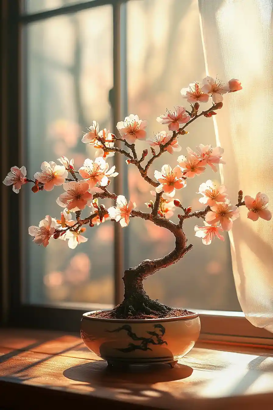 Bonsai Tree In Ceramic Pot On Sunlit Wooden Surface