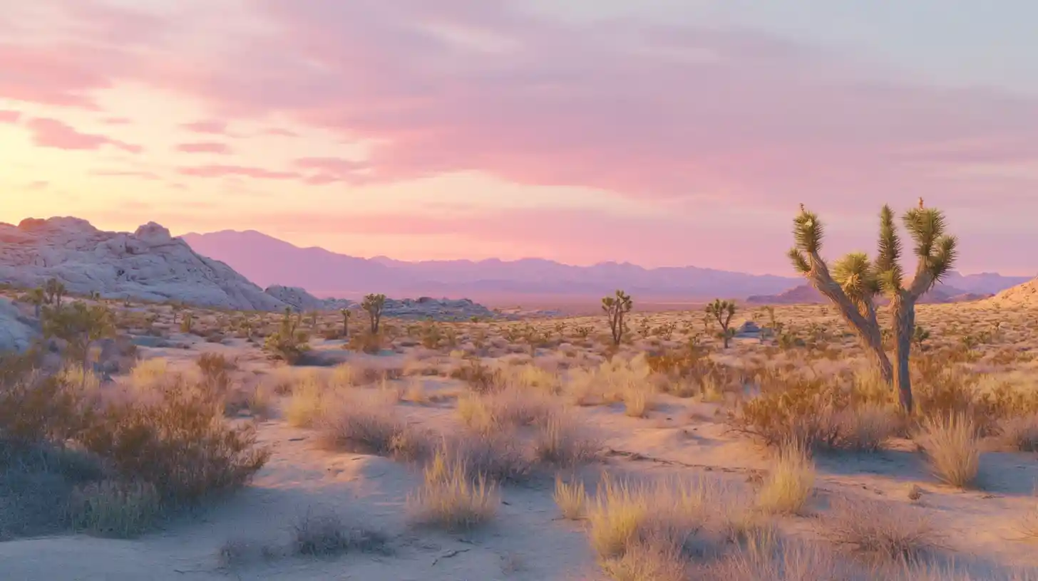 Peaceful Mojave desert dunes at sunset with soft pastel sky
