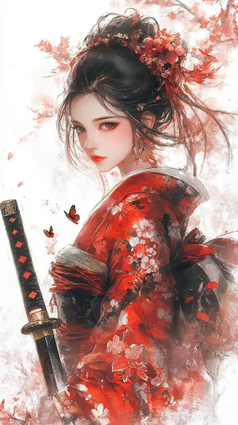 Anime warrior girl in red kimono among cherry blossoms