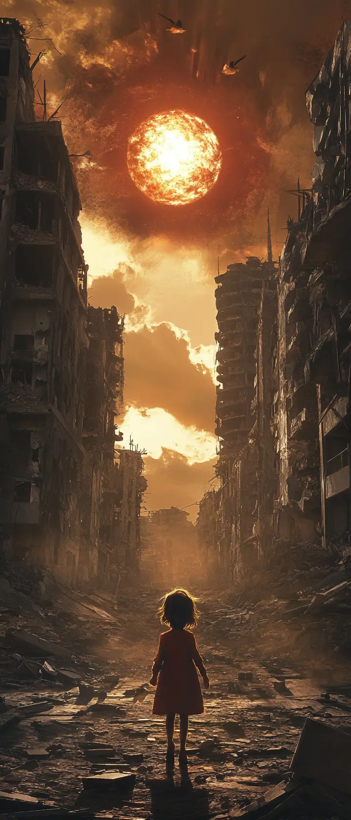 Anime child walking through war ruins with glowing orb