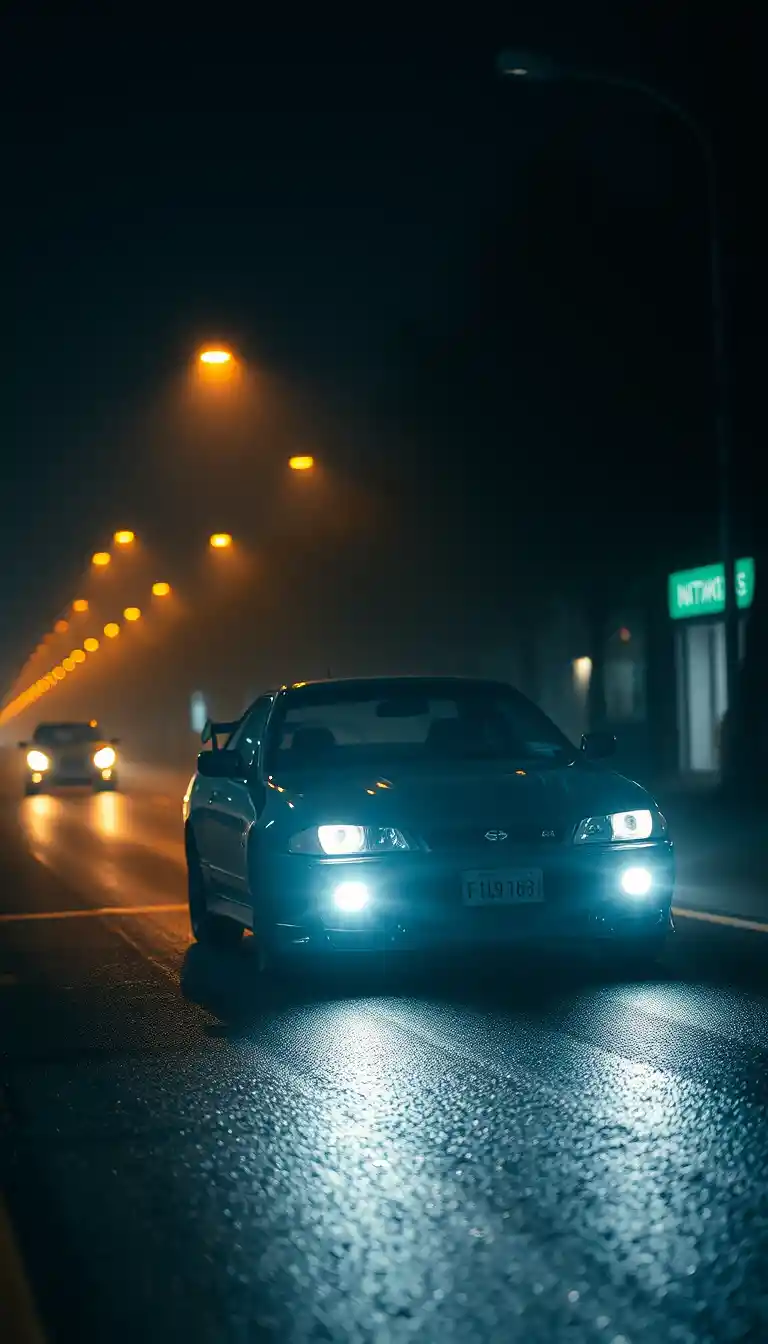 Night street car approaching through foggy city lights