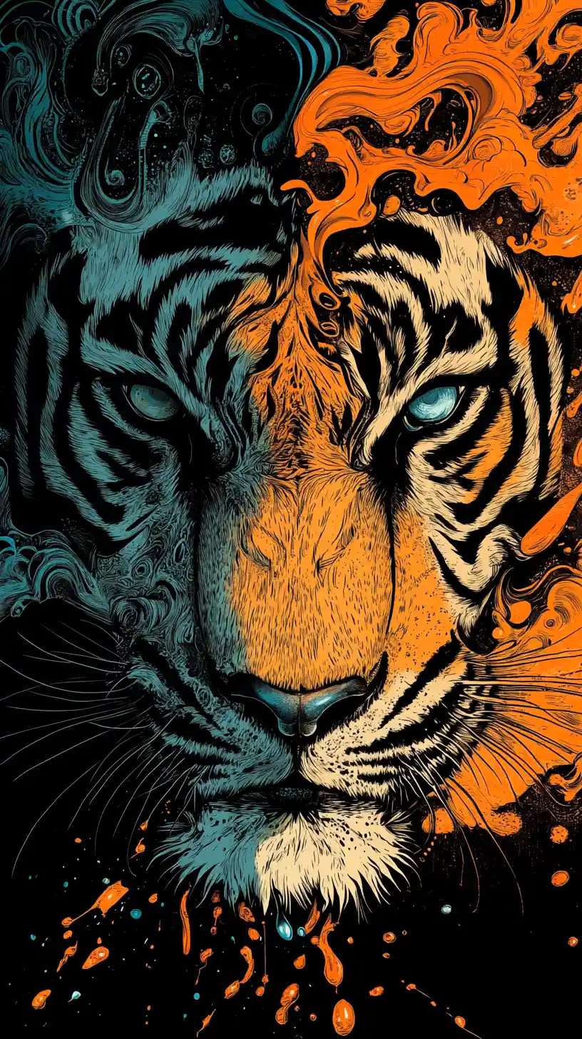 Surreal ink illustration of a tiger face with vivid colors