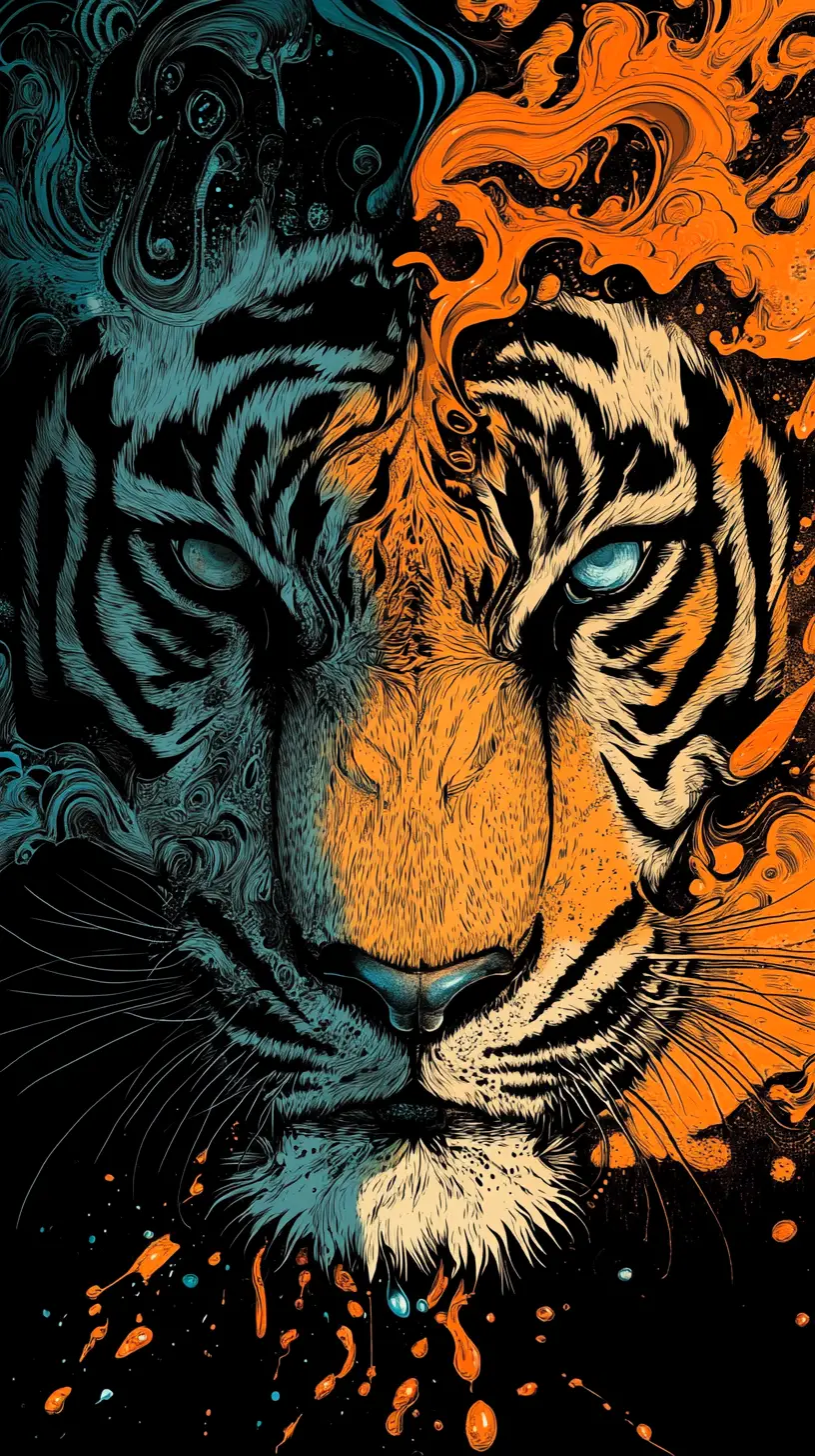 Surreal ink illustration of a tiger face with vivid colors