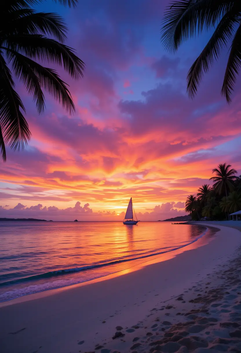 Sailboat At Sunset On Tranquil Carlisle Bay Beach