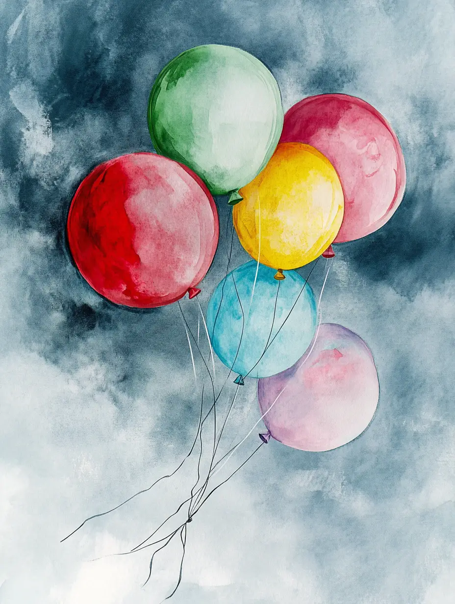 Colorful balloons drifting across a grey stormy sky