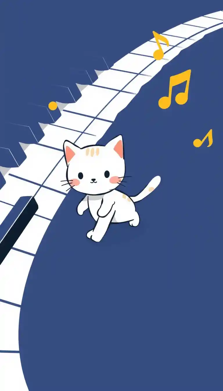 Playful kitten walking along piano keys with golden notes