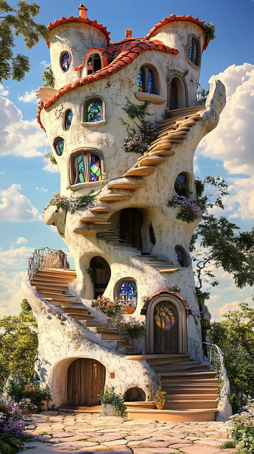 Surreal sandstone house with impossible stair labyrinth