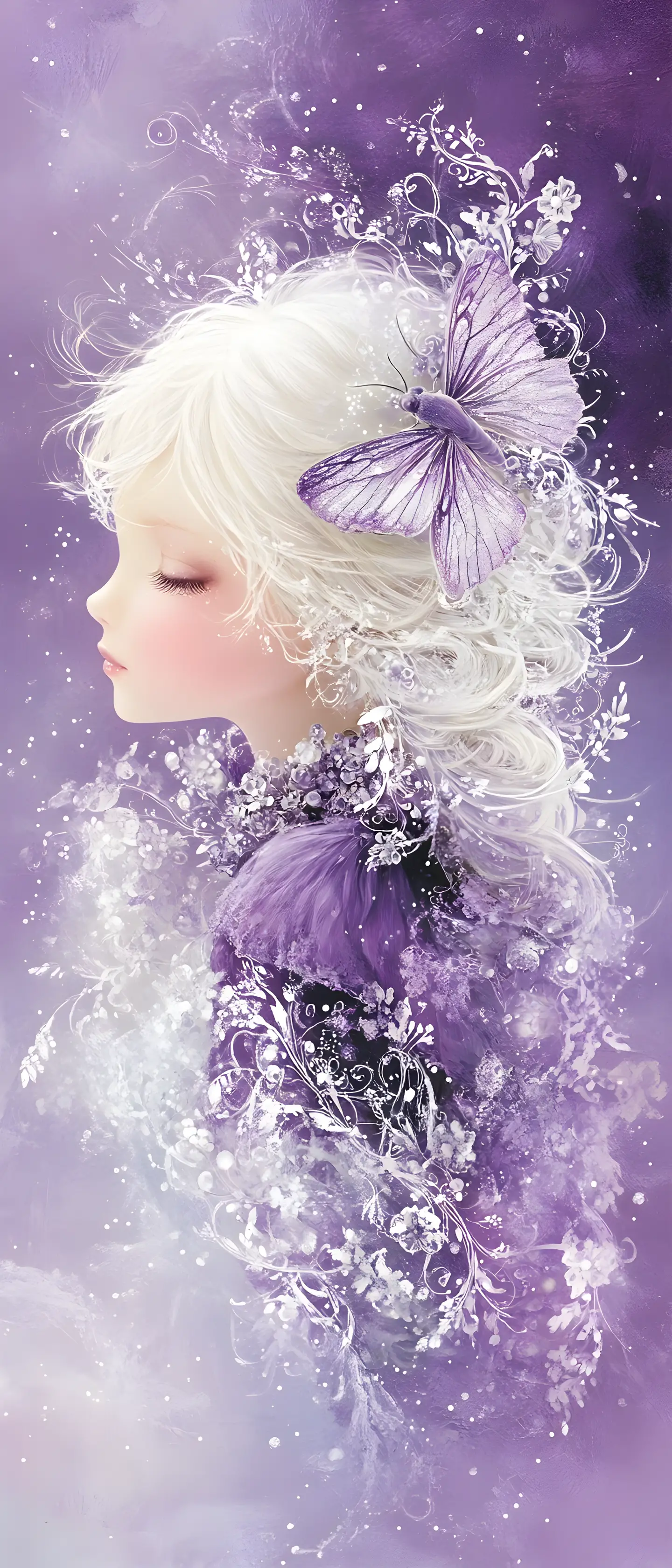 Ethereal woman dissolving into glowing violet moths