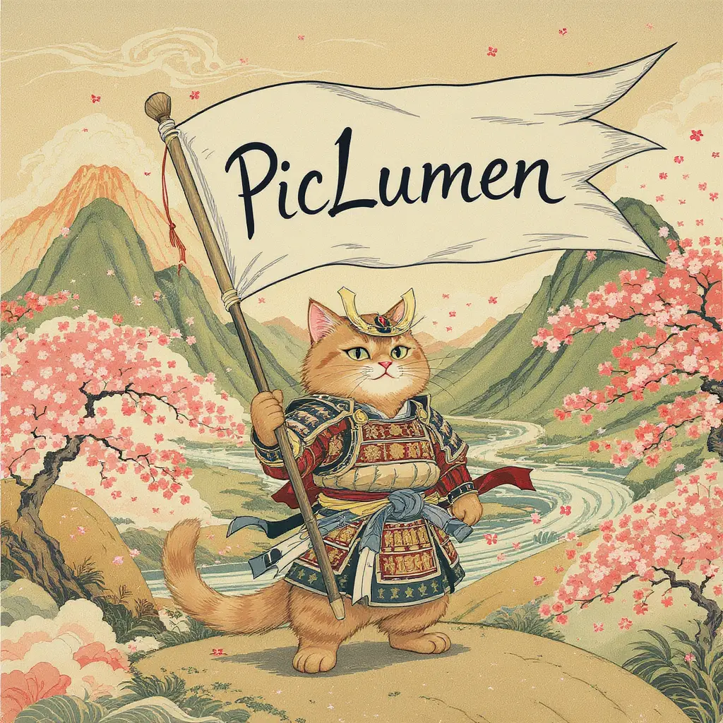 Brave ginger samurai cat carrying a flag in ukiyo e landscape