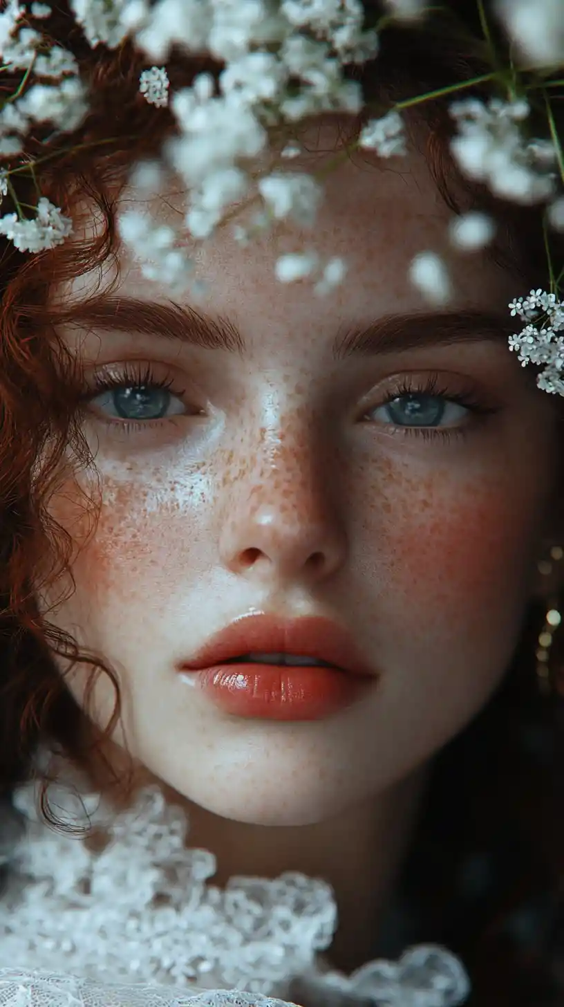 Dreamy close up portrait of a freckled woman