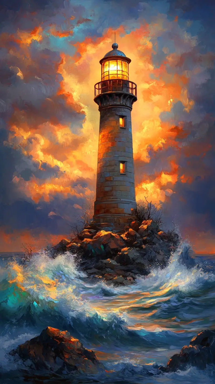 Oil Painting Of Lighthouse Above Stormy Sea At Twilight