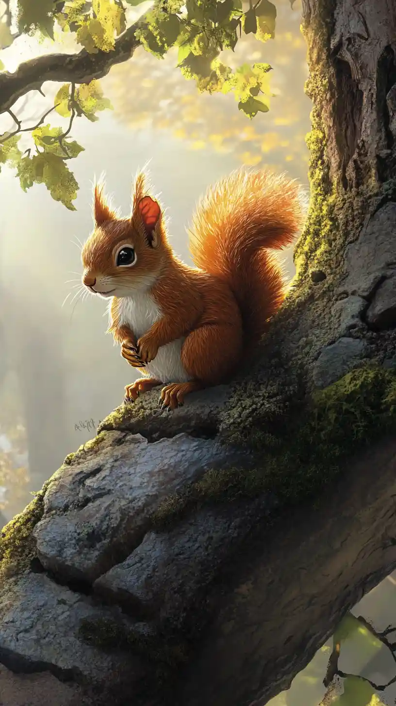 Curious red squirrel perched on an old oak tree