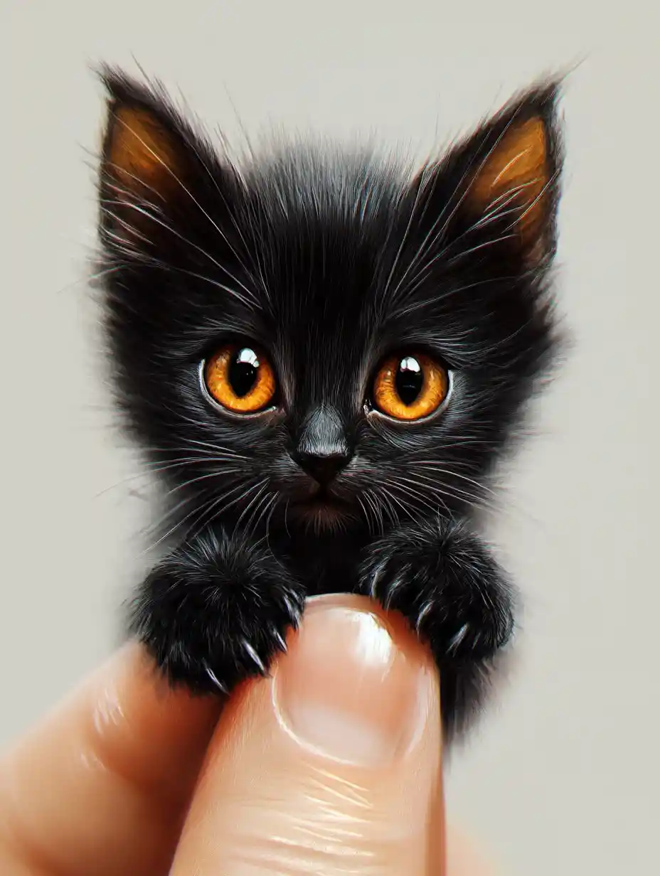 Miniature black cat with bright amber curious eyes