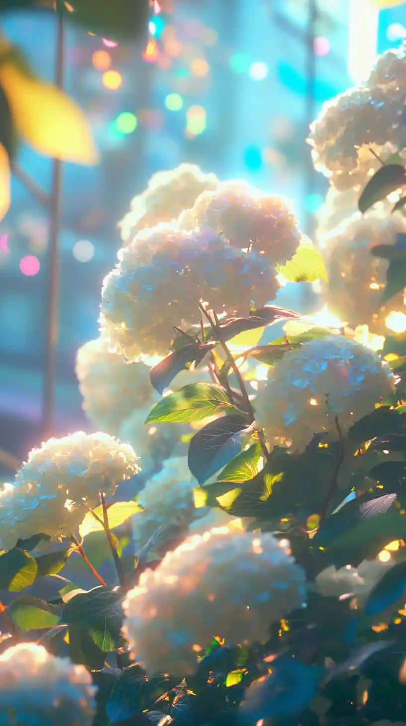 Glowing White Hydrangeas In A Neon Urban Night Garden