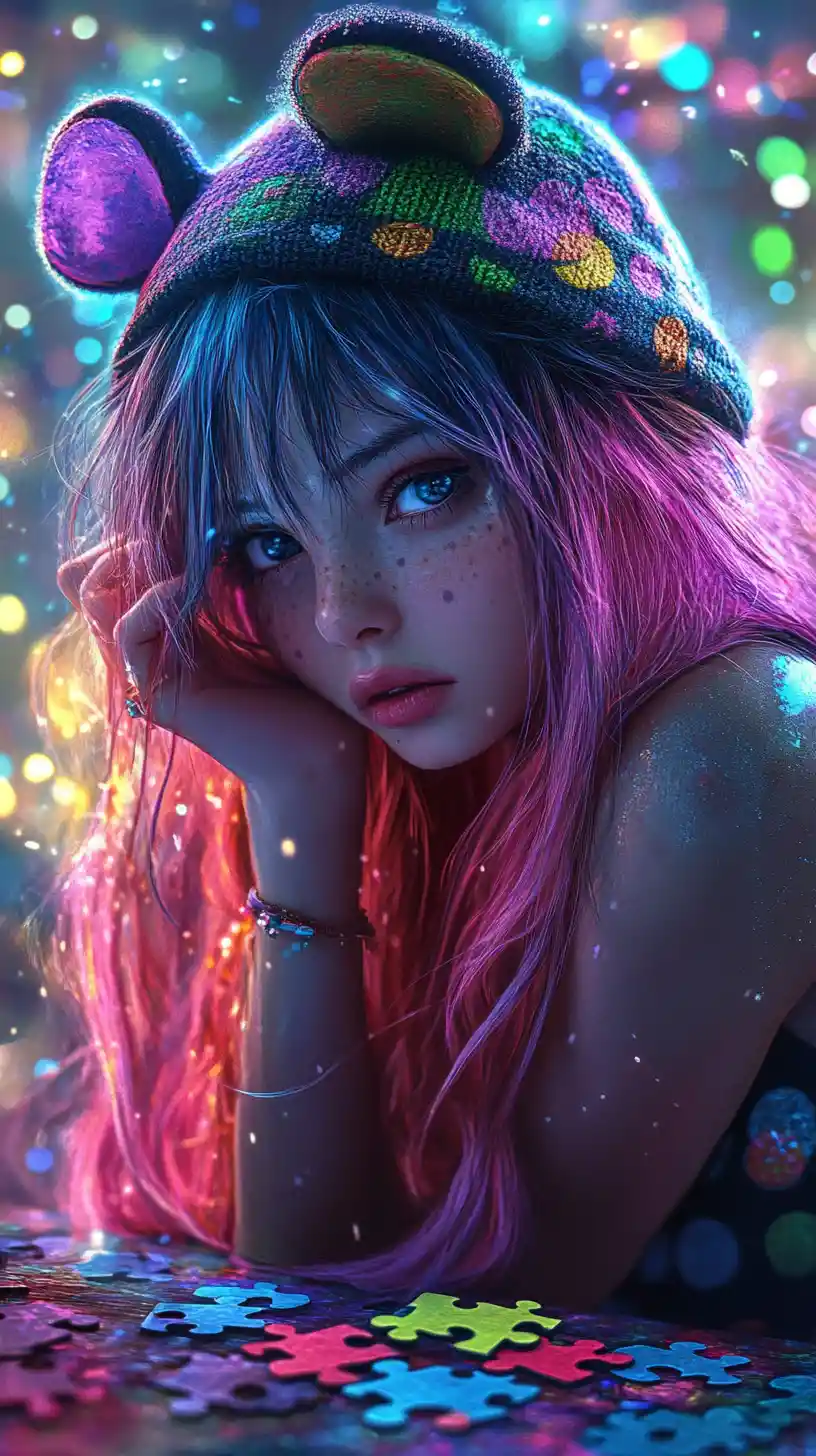 Anime girl with pink hair solving a table puzzle