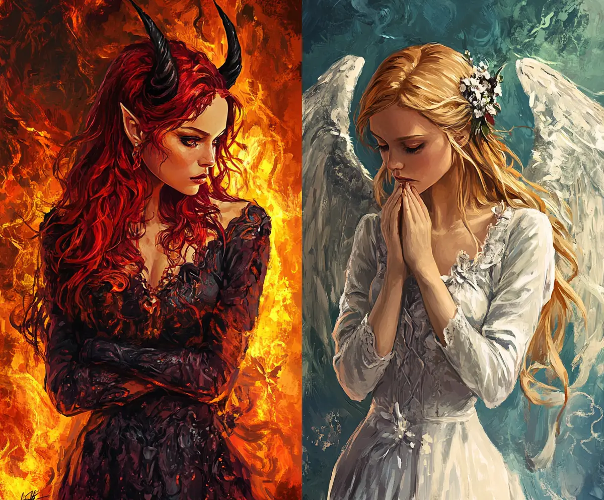 Angel and devil women divided by glowing lightning