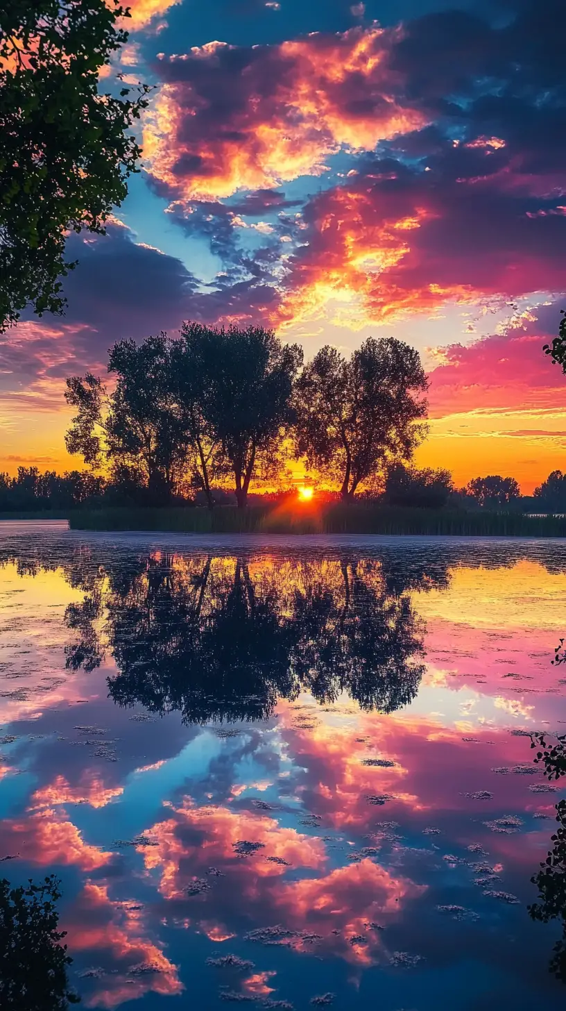 Surreal sunset sky reflected on a tranquil lake