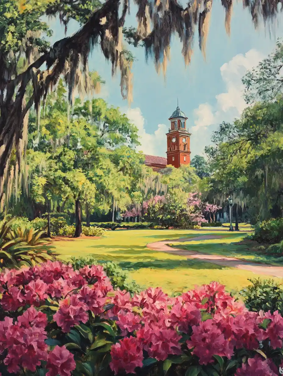Tranquil University Bell Tower Above Lush Flower Gardens