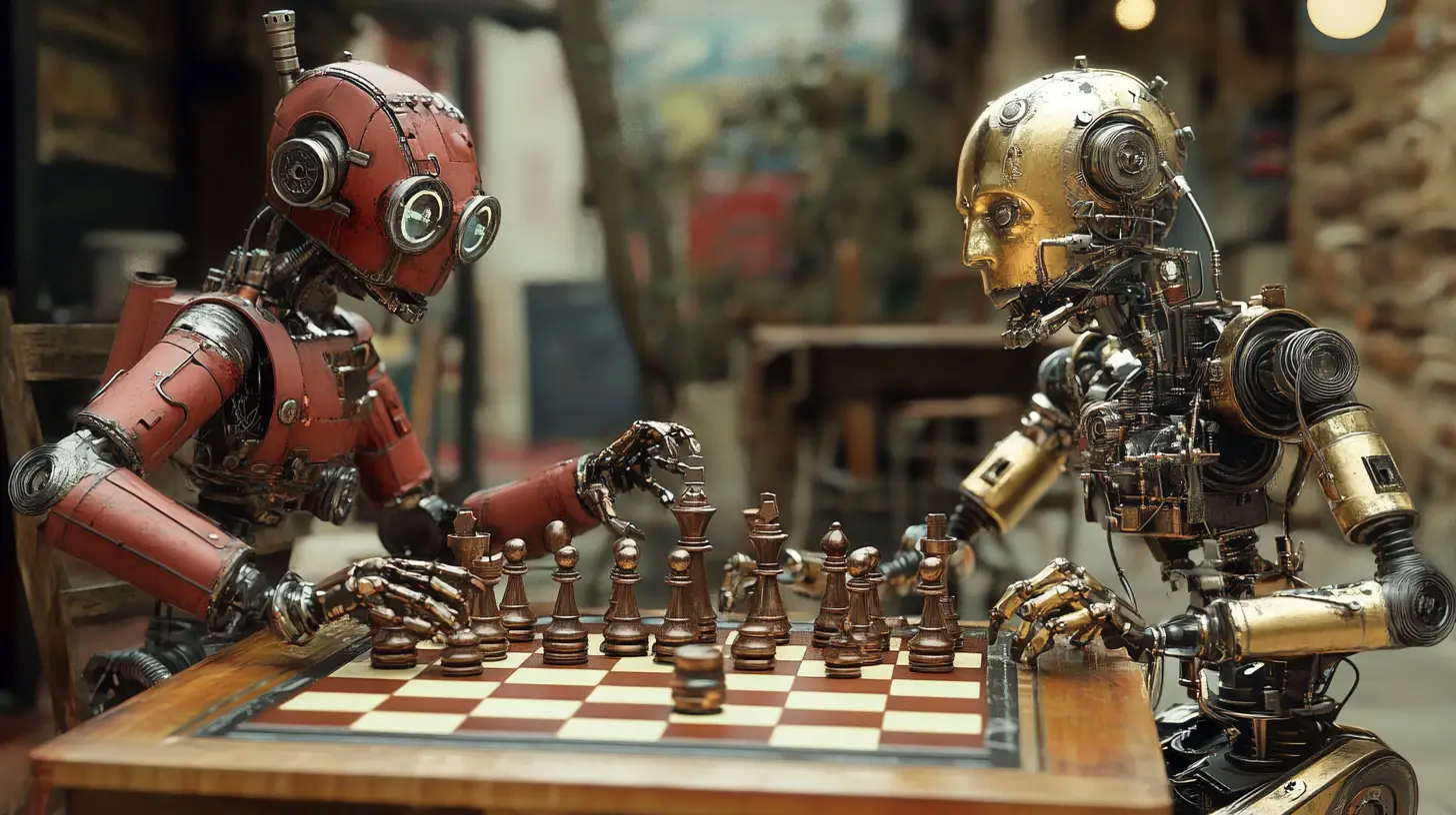 Zwei Steampunk-Roboter, die in einem Slum Schach spielen