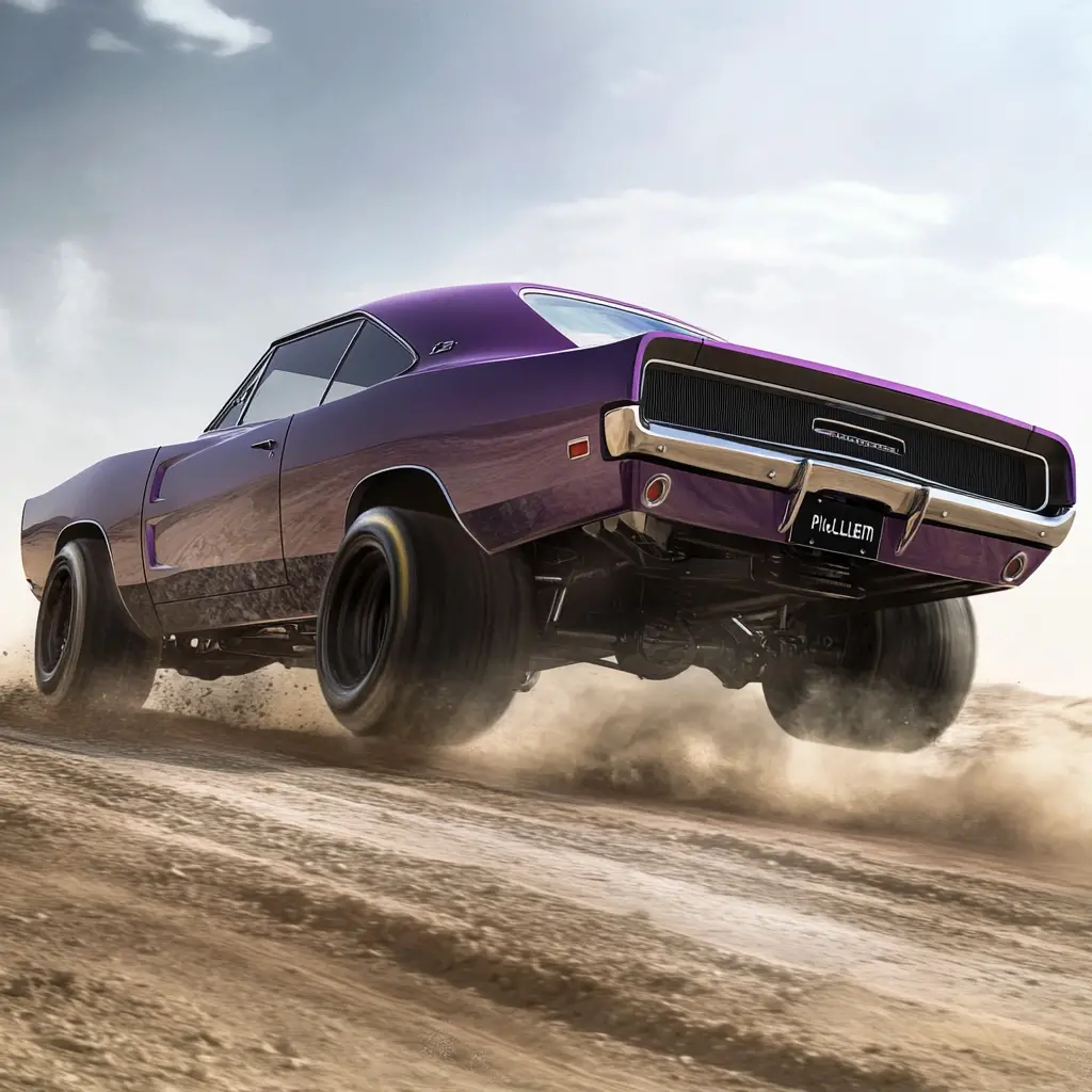 Purple muscle car racing fast along a dusty dirt road