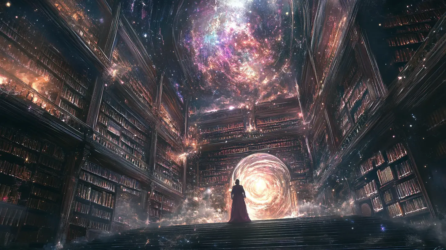 Vast cosmic library floating in a luminous nebula