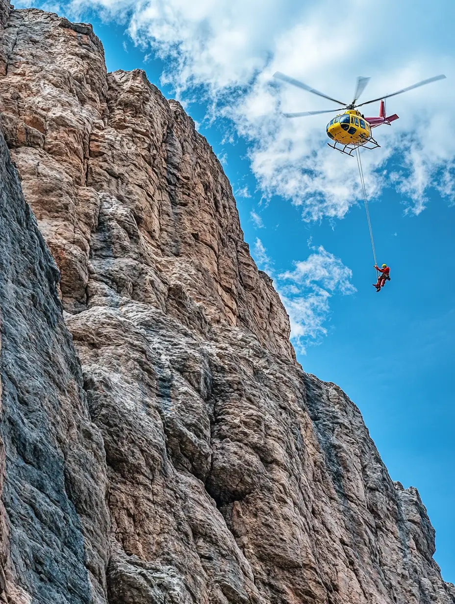Mountain helicopter rescue above a steep rocky wall